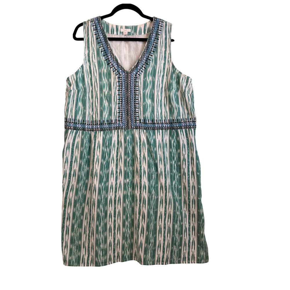 J. Jill Womens Green White Ikat Cotton Embroidered V-Neck Shift Dress Size L